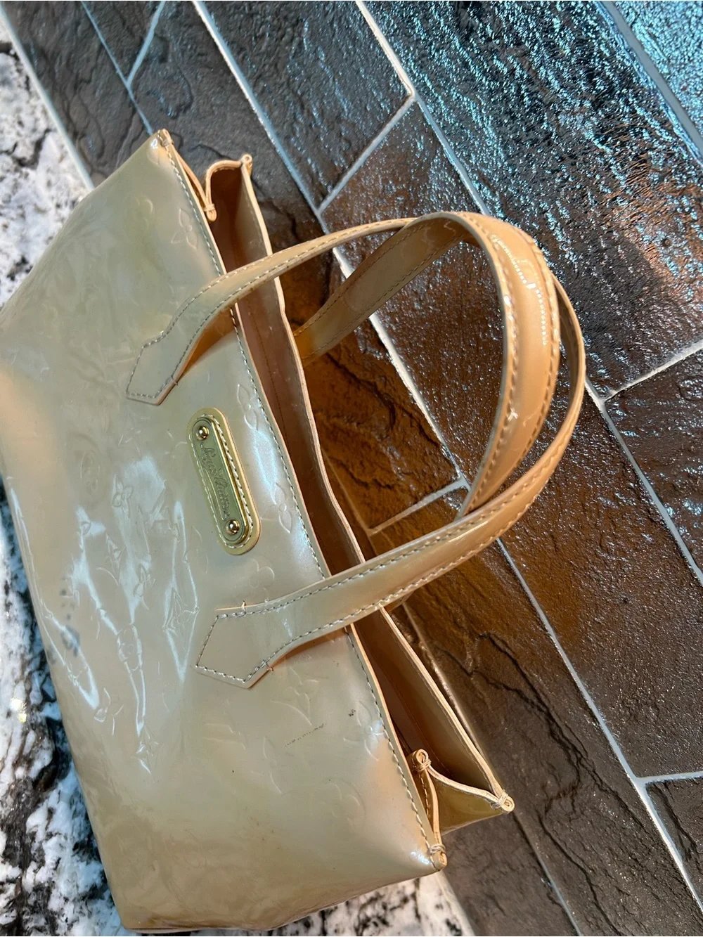 Louis Vuitton Beige/yelkow Patent Monogram Satchel with Gold Hardware